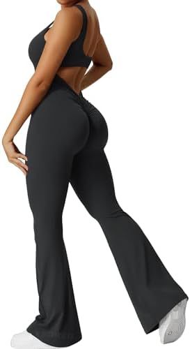 Women Sleeveless Flare Jumpsuits Fitness Yoga Long Pants - Chic Angle